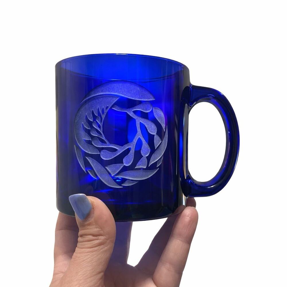 Vintage Cobalt Blue Glass Mug Etched Laurel Leaf USA Made Libby Style Mug